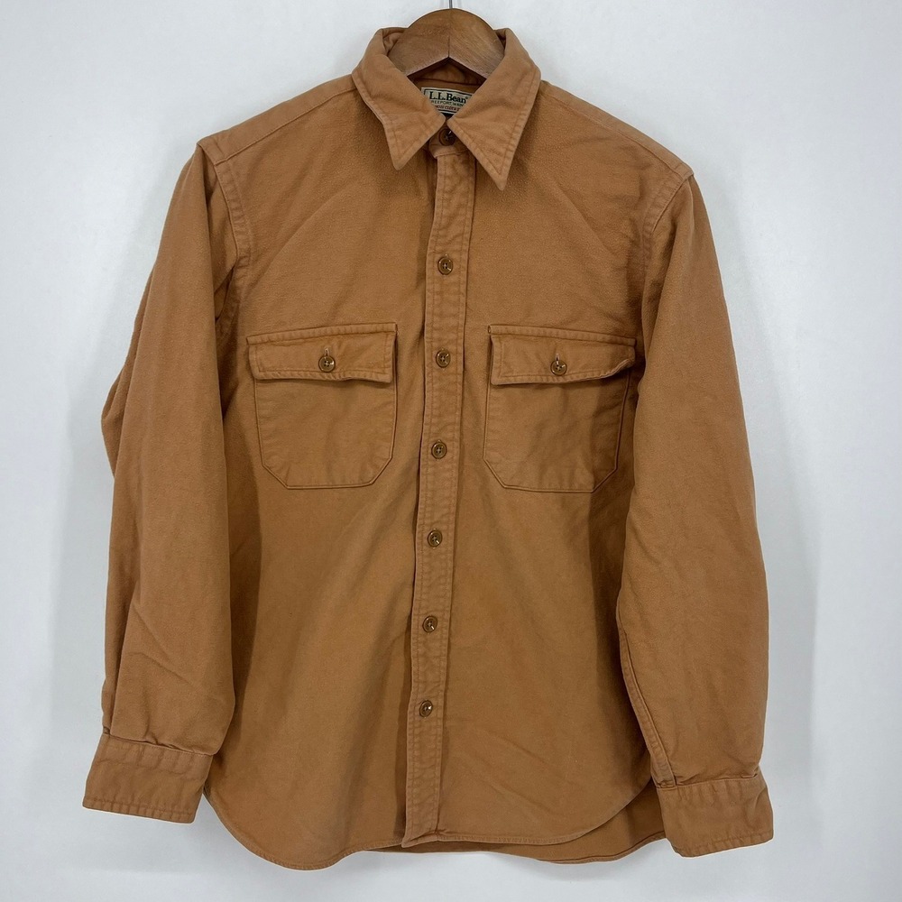 LL Bean Mens Chamois Cloth Shirt Tan Heavyweight Cotton Style 1611 Size 15